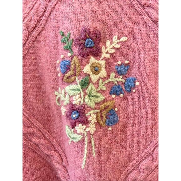 Vintage Village Green Floral Embroidery Wool Blend Sweater Pink Women’s Size Med - Picture 5 of 6